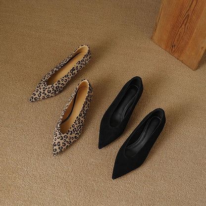 Real Sheep Leather Dress Shoes Leopard Pointed Toe Slip on Pumps
