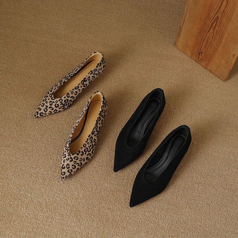 Real Sheep Leather Dress Shoes Leopard Pointed Toe Slip on Pumps