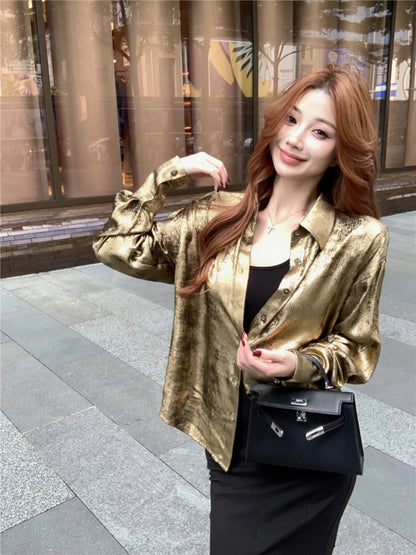 Y2k Golden Color Shirt Female Long Sleeve Blouse Button Up Oversized Spring Autumn Top