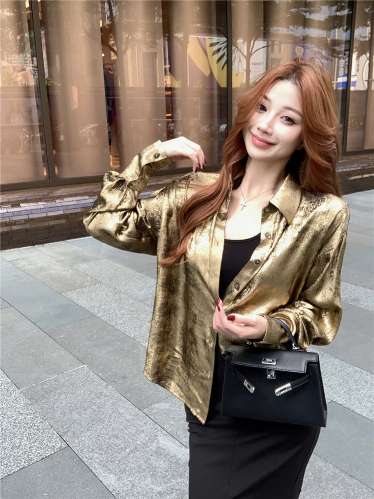 Y2k Golden Color Shirt Female Long Sleeve Blouse Button Up Oversized Spring Autumn Top