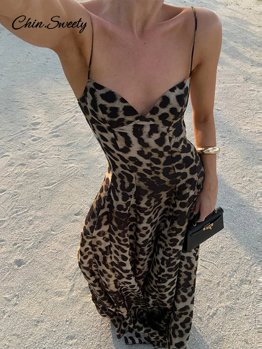 Y2k Leopard Print Suspender Long Dresses Slim Sleeveless Backless A-line Party Dress Summer Lady Robes _new