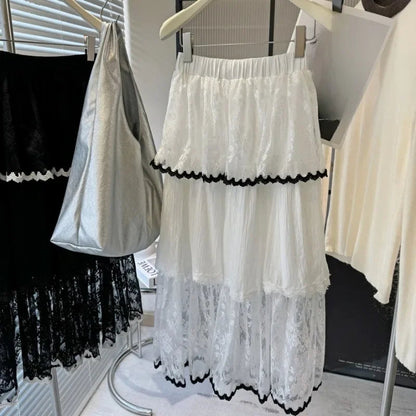 Spring Summer Lace Skirts Contrast Color Ruffles Sweet Jupe Femme Korean Retro Long Skirt