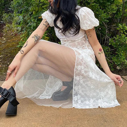 White Lace Dress Fairycore Seethrough Beach Vacation Dress Mesh Long Dresses Y2k Coquette