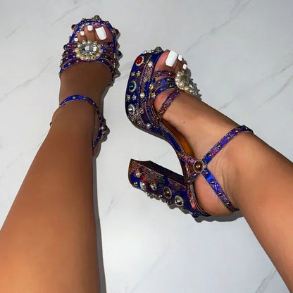 European and American Thick High Heels, Thick Soles, Pure Handmade Diamond Inlaid Sandals, Nightclub Runway Shoes