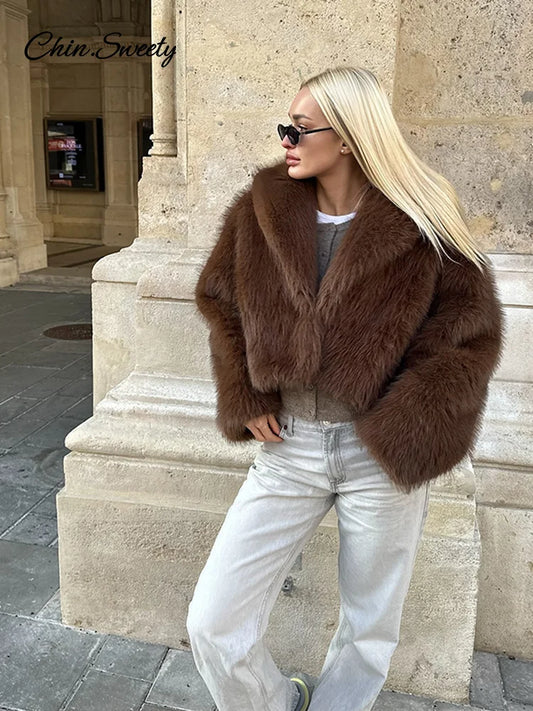 Brown Lapel Faux Fur Short Coat Fluffy Long Sleeve Warm Thick Loose Jacket Autumn Winter Lady High Street Outwear _