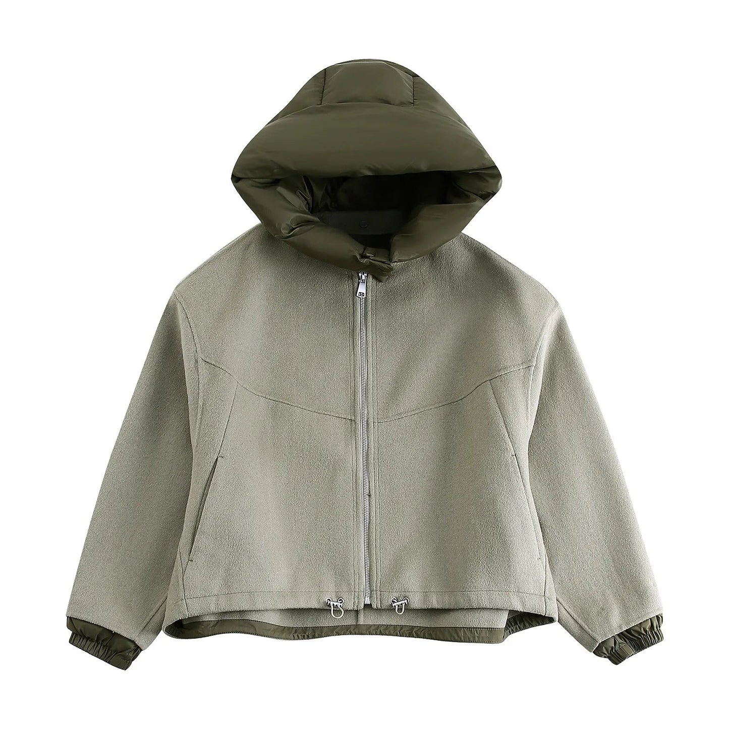 Detachable Hooded Patchwork Jacket Woman Long Sleeve Drawstring Hem Loose Coat Spring Color Simple Outerwear Top