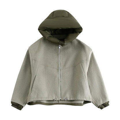 Detachable Hooded Patchwork Jacket Woman Long Sleeve Drawstring Hem Loose Coat Spring Color Simple Outerwear Top