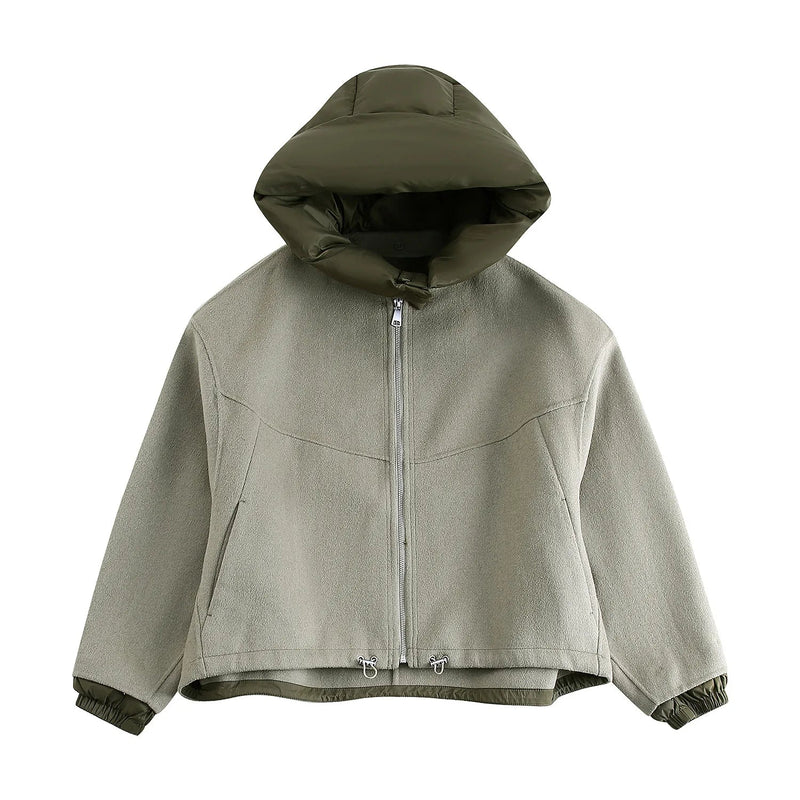 Detachable Hooded Patchwork Jacket Woman Long Sleeve Drawstring Hem Loose Coat Spring Color Simple Outerwear Top