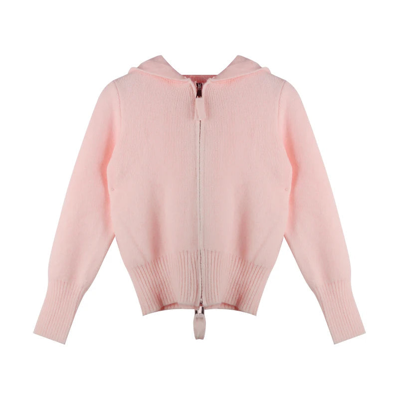 Double Zipper Cropped Knitwear Basic Zip Up Hooded Knitted Cardigan Slim Long Sleeve Sweaters for Winter Clothes