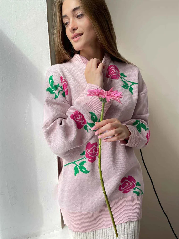 Autumn Knit Sweater Pullover ’s Printed Long Sleeve High Waist Ribbed Loose Knitwear Top Female Sweater