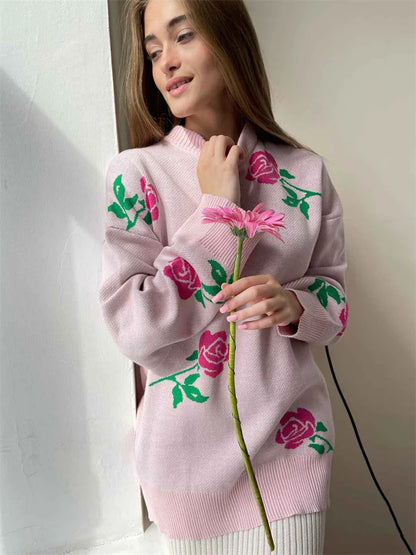 Autumn Knit Sweater Pullover ’s Printed Long Sleeve High Waist Ribbed Loose Knitwear Top Female Sweater