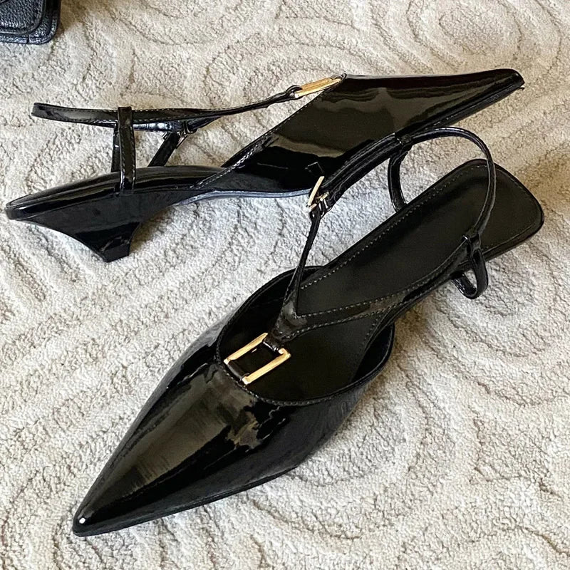 Spring Square Buckle Strap Pumps Sandals Thin Low Heels Pointed Toe Slingback Shoes