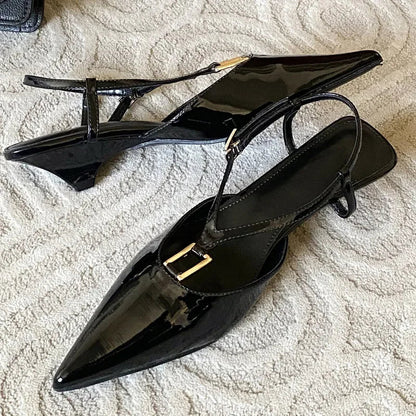 Spring Square Buckle Strap Pumps Sandals Thin Low Heels Pointed Toe Slingback Shoes