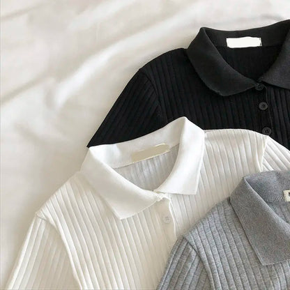 Knit School Polo Neck Cropped Shirt Summer Short Sleeve Youthful Color Crop Top Female Basic Blouse Lady Pullover