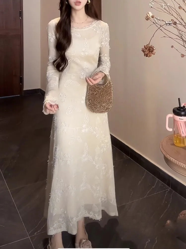 Lace Midi Dress for French Flare Sleeve Slim Aline Long Dresses Autumn Vestidos Female Clothing New