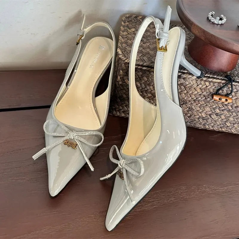 Bow Metal Buckle Design High Heels Pointed Toe Patent Leather Slingback Heeled Sandals Party Shoes