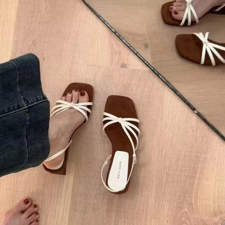 Kitten High Heels Open Toe Sandals Cross Narrow Band Low Slippers Stylish Comfortable Multiwork Shoes Flat Heels
