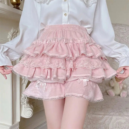 Autumn Japanese Soft Girl Warm Pumpkin Pants Leggings High Waist Pink Cake Skirts for Sweet Lolita Aline Shorts Skirts