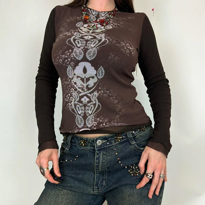Contrast Color Mesh T-shirt Long Sleeve O Neck Fitted Crop Top Semi-sheer Grunge Style Brown Tee