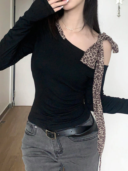 Design Skew Collar Leopard Lace-up Top Tees S Autumn Clothes Long Sleeve Slim Y2k Blouse New