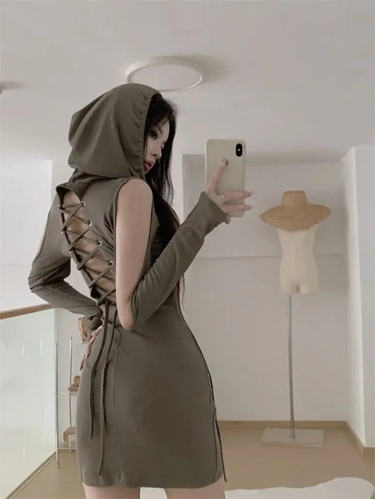 European and American Wasteland Style Hooded Tie Up Dress, Spicy Girl With Waistband and Open Backpack Buttocks Short Skirt