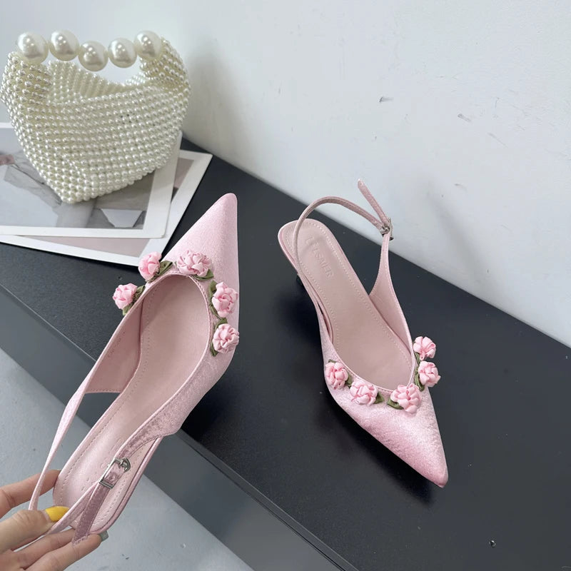 Pink High Heels Pointed Toe Slingback Shoes Summer Small Flower Low Heel Office Shoes Black Pumps White Talons Femme