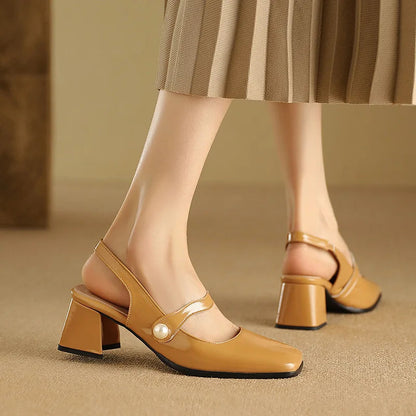 Pumps Slingback Sandals Square Toe Patent Leather Block High Heeled Mary Jane Shoes Gold Silver