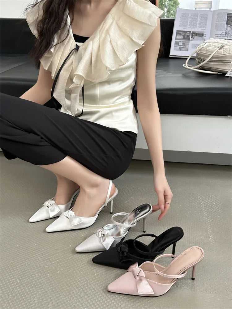 Design Style Butterflyknot Thin High Heels Pumps Pointed Toe Banquet Wedding Female Shoes