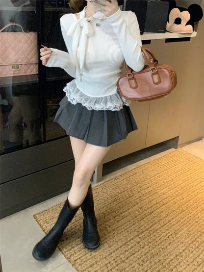 Gray Lace Spliced Knit Base Sweater for Ballet Style Autumn Winter Bow Tie Knitwear Lace Long Sleeve Pullover