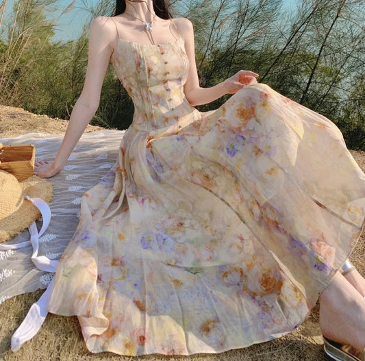 New French Holiday Fairy Beach Style Long Dress Fragmented Chiffon Strap Dress