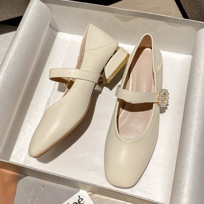 Kawaii Mary Jane Shoes for White Summer Footwear Gothic Square Heels Low Heel Popular E Young 39