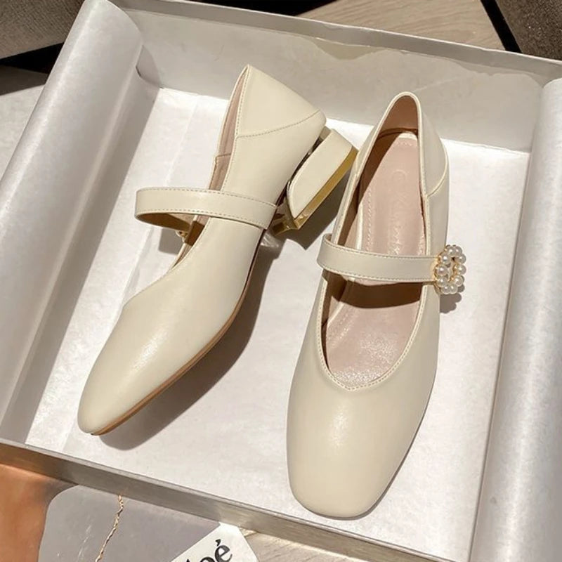 Kawaii Mary Jane Shoes for White Summer Footwear Gothic Square Heels Low Heel Popular E Young 39