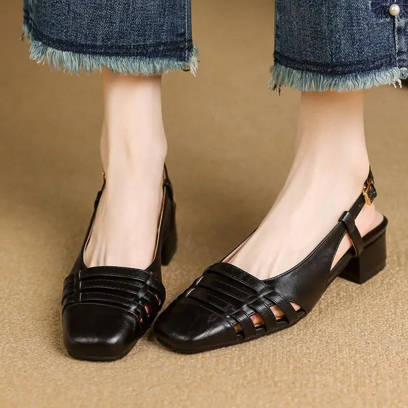 Design Sandals Square Toe Block Heels 3.5cm Back Buckle Strap Big Size 43 Dating Shoes 31 32