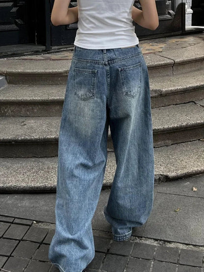 Blue High Waisted Denim Pants Harajuku Y2k Loose Kpop Straight Leg Jeans Hip Hop Trouser