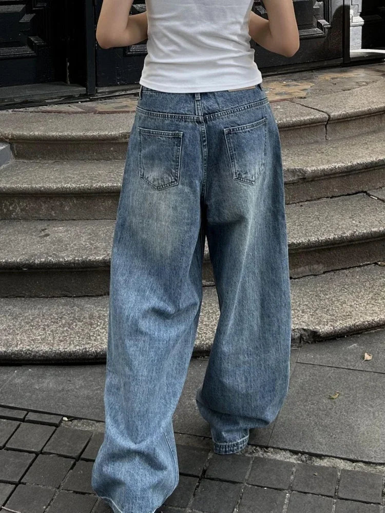 Blue High Waisted Denim Pants Harajuku Y2k Loose Kpop Straight Leg Jeans Hip Hop Trouser