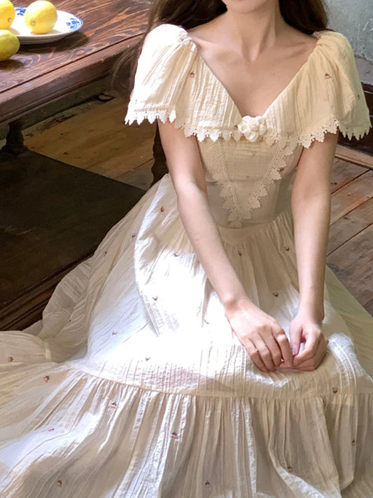 Summer French Embroidery Fairy Midi Dress Party Dress Style One Piece Dress Korean