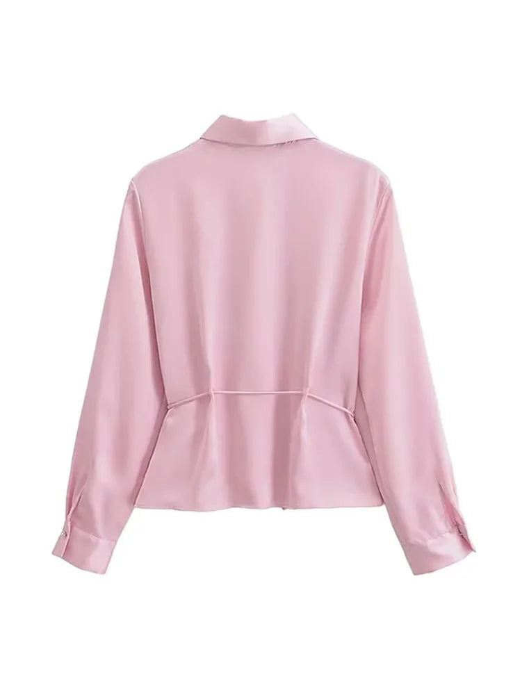 Spring Pink Turndown Collar Blouse for Woman Long Sleeves Laceup Female Single Breasted Shirt Top