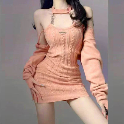 Knitted Twopiece Set Halter Neck Dress Loose Coat New Hot Girl Suspender Short Skirt Korea Japan Style Vestidos