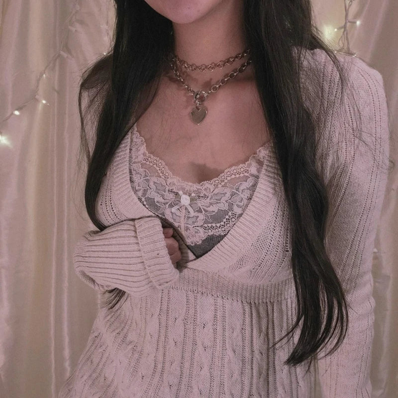 Fairycore Y2k Grunge Knitted Sweater 90s V Neck Pullovers Aesthetics Retro Jumpers Knitwear
