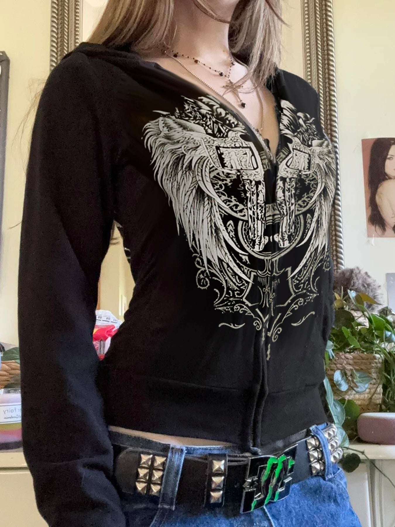Y2k Darkly Retro Zip Up Hooded Coat Long Sleeve Basic S Diamonds Print Sweats Cardigan