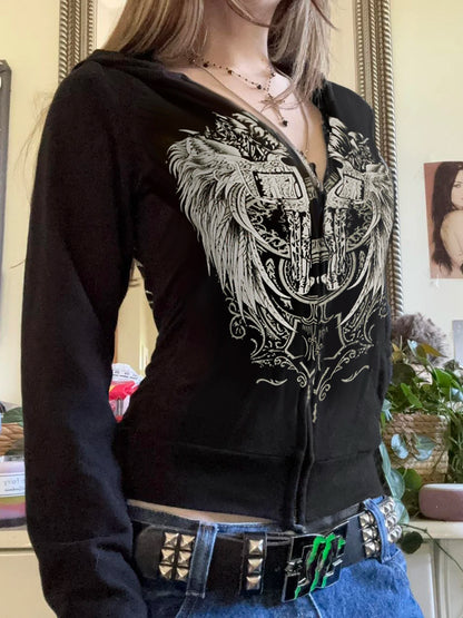 Y2k Darkly Retro Zip Up Hooded Coat Long Sleeve Basic S Diamonds Print Sweats Cardigan