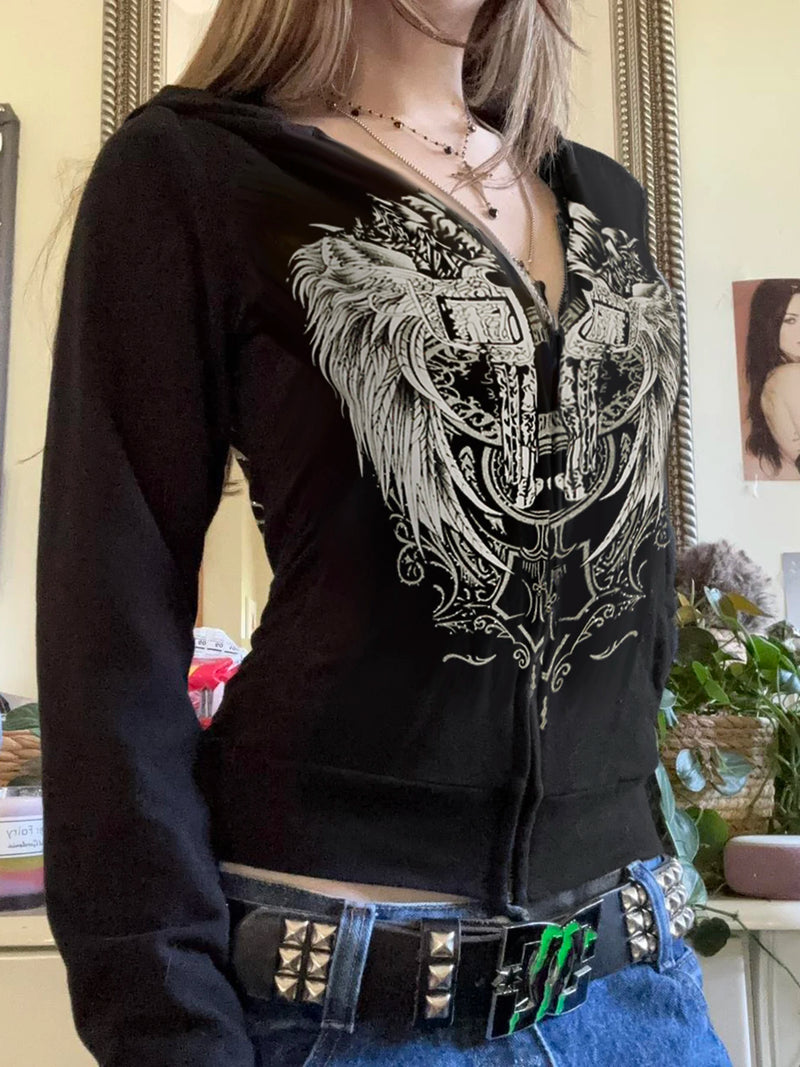 Y2k Darkly Retro Zip Up Hooded Coat Long Sleeve Basic S Diamonds Print Sweats Cardigan