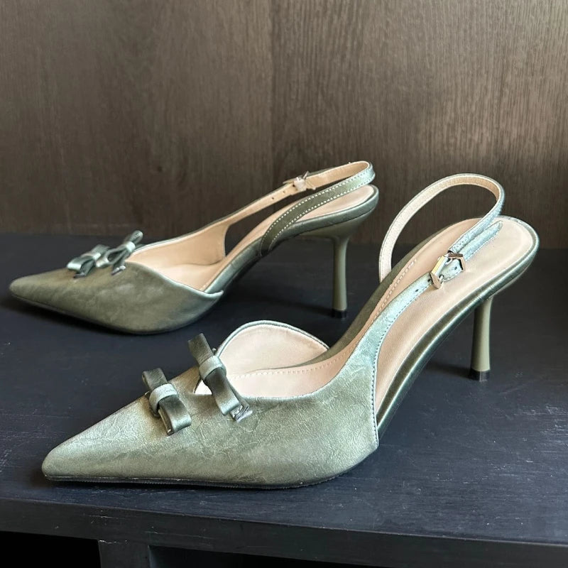 Spring Bowknot Strap Thin Heeled Shoes Hollow Pointed Fine High Heels Wedding Banquet Shallow Mouth Female Sandals