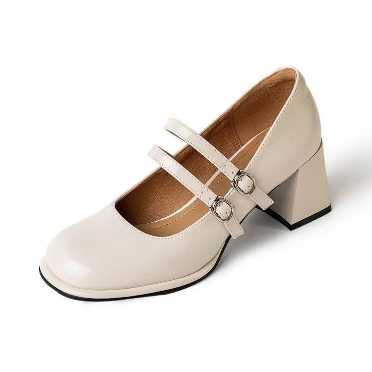 French Retro Leather Chunky Mary Jane Shoes Soft Soled Slipon High Heels Designer Jk Woman Shoes