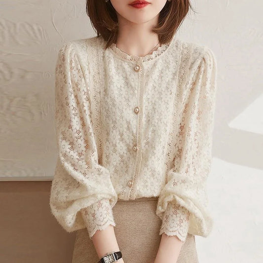 Woman Spring Autumn Style Lace Blouses Tops Lady Long Lantern Sleeve Stand Collar Blusas Tops Sp1529