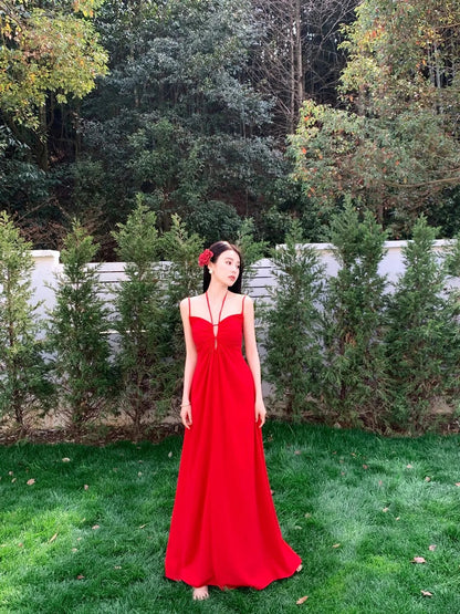 Backless Long Dresses Spaghetti Strap Halter Laceup Wedding Evening Party Dress French Style Aline Vestidos