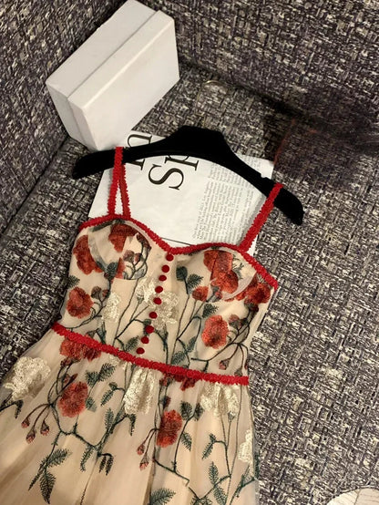 Sweet Hot Girl Suit Autumn Red Longsleeved Cardigan Embroidery Strap Dress Twopiece Set Female Clothes