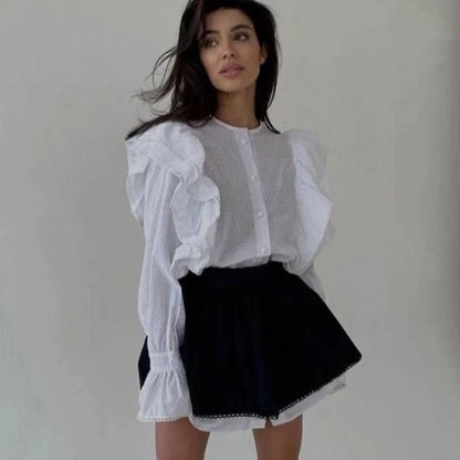 Ruffled Flare Sleeve Shirt Dress for With High Waisted Shorts Contrast Color Patchwork Mini Party Dress Autumn New