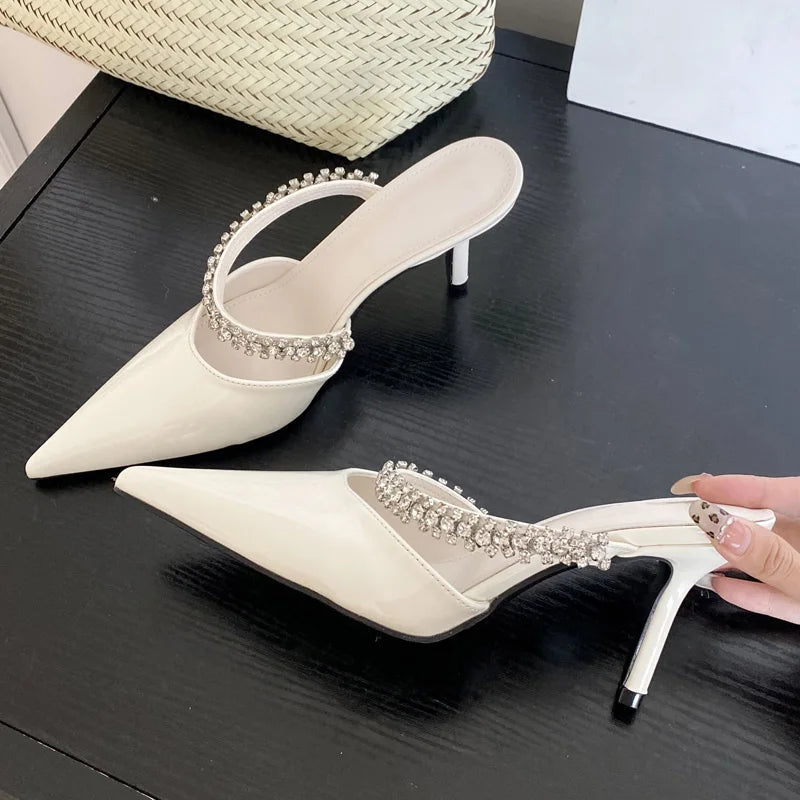 Spring Street Crystal Slipper Pointed Toe Thin Low Heel Sandal Slip on Mules Shoes Zapatos Mujer