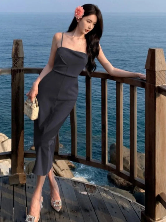 New Midi Dress Summer Spaghetti Strap Pleated Bodycon Party Slim One Piece Clothes Vestidos